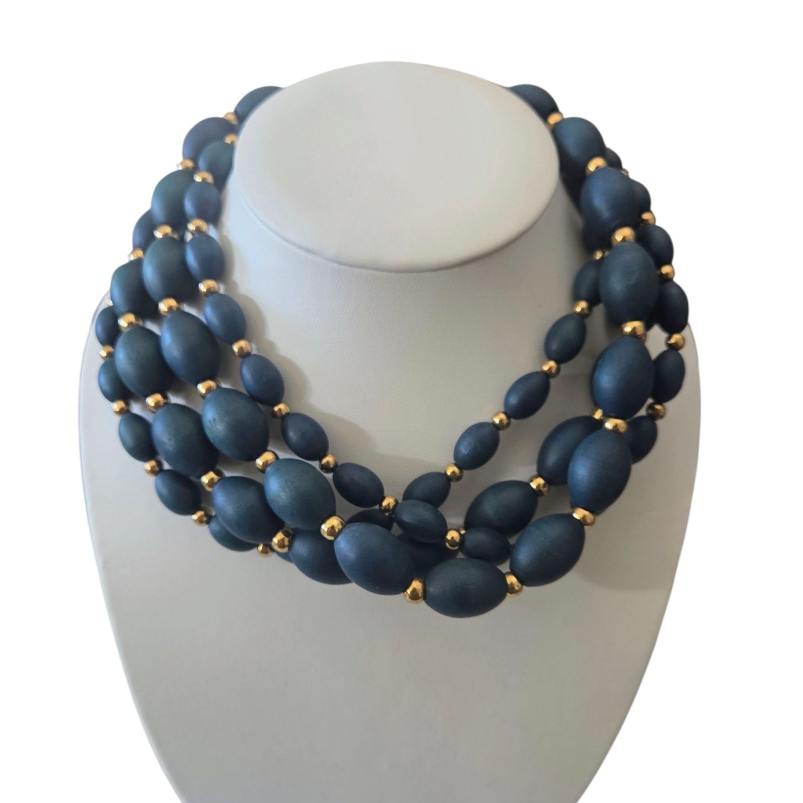 Vintage Kenneth Lane Gold Tone Accents Teal Wooden Beads Beaded Choker Necklace